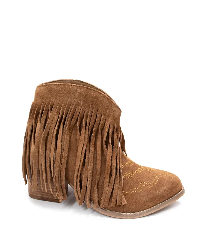 Amos Fringe Ankle Bootie in Tan Suede