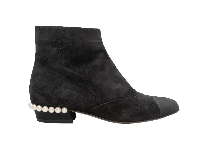 Black Chanel Cap-Toe Faux Pearl-Accented Ankle Boots Size 38.5