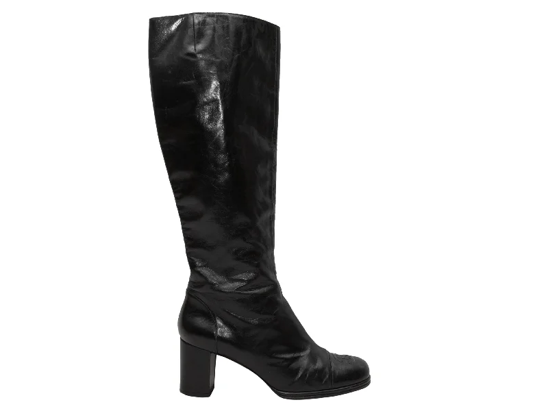 Black Chanel Knee-High Heeled Boots Size 39.5