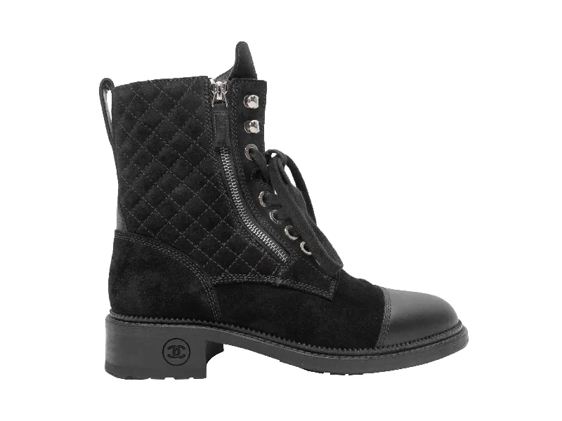 Black Chanel Suede & Leather Quilted Combat Boots Size 38.5