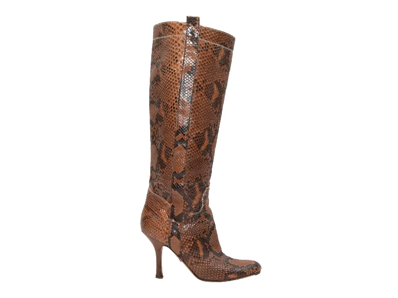 Brown Valentino Knee-High Snakeskin Boots Size 39