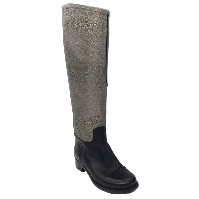 Chanel Black / Silver Metallic CC Logo Embossed Flat Tall Leather Riding Boots