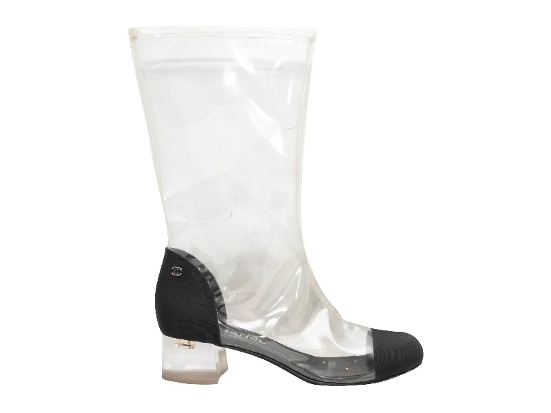 Clear & Black Chanel PVC & Grosgrain Cap-Toe Boots Size 39