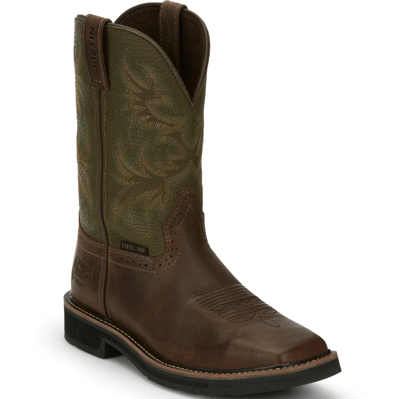 Justin Men's Stampede Driller Brown/Green Steel Toe Work Boots SE4688