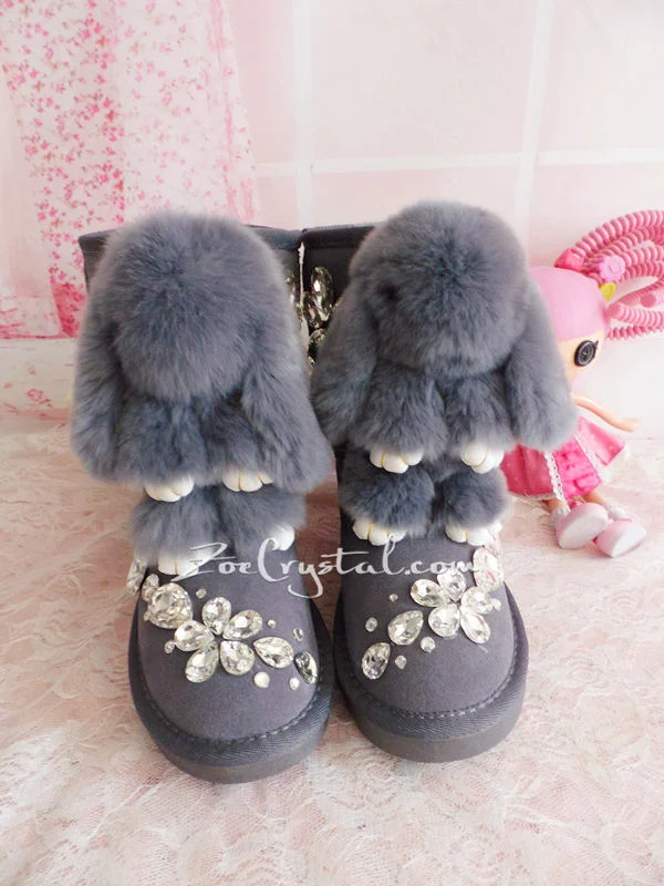 PROMOTION WINTER Bling and Sparkly Rabbit Fur SheepSkin Wool BOOTS w shinning Czech or Swarovski Crystals