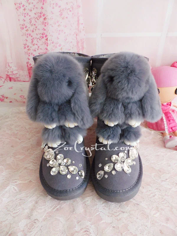 PROMOTION WINTER Bling and Sparkly Rabbit Fur SheepSkin Wool BOOTS w shinning Czech or Swarovski Crystals