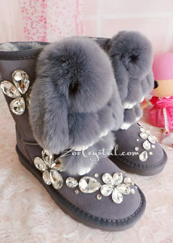 PROMOTION WINTER Bling and Sparkly Rabbit Fur SheepSkin Wool BOOTS w shinning Czech or Swarovski Crystals