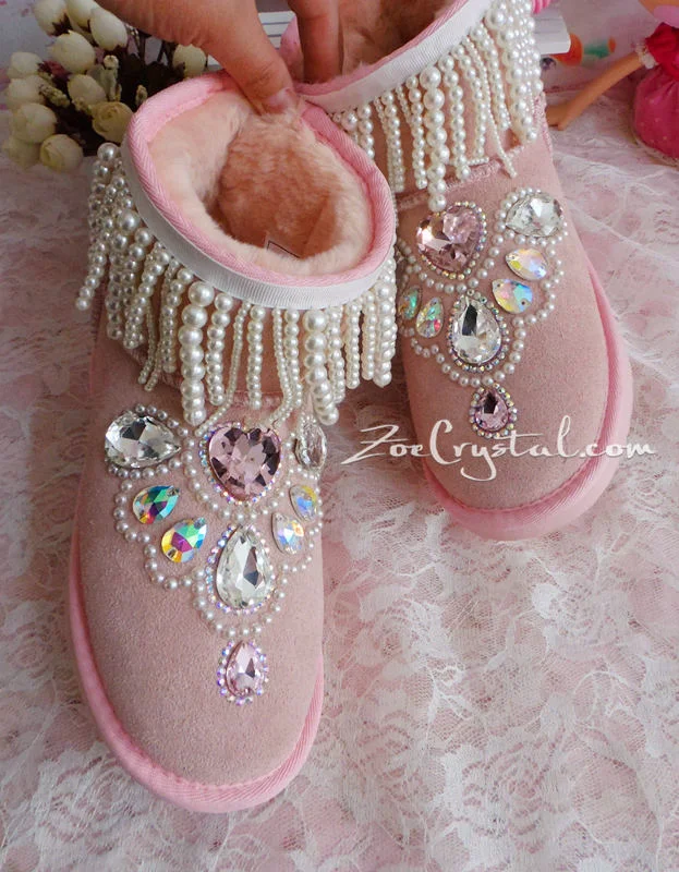 PROMOTION WINTER Pink Sheepskin Fleech/Wool Boots with shinning and Princess CRYSTALS Pearls