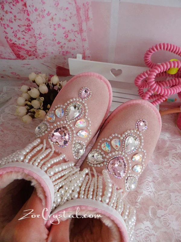 PROMOTION WINTER Pink Sheepskin Fleech/Wool Boots with shinning and Princess CRYSTALS Pearls