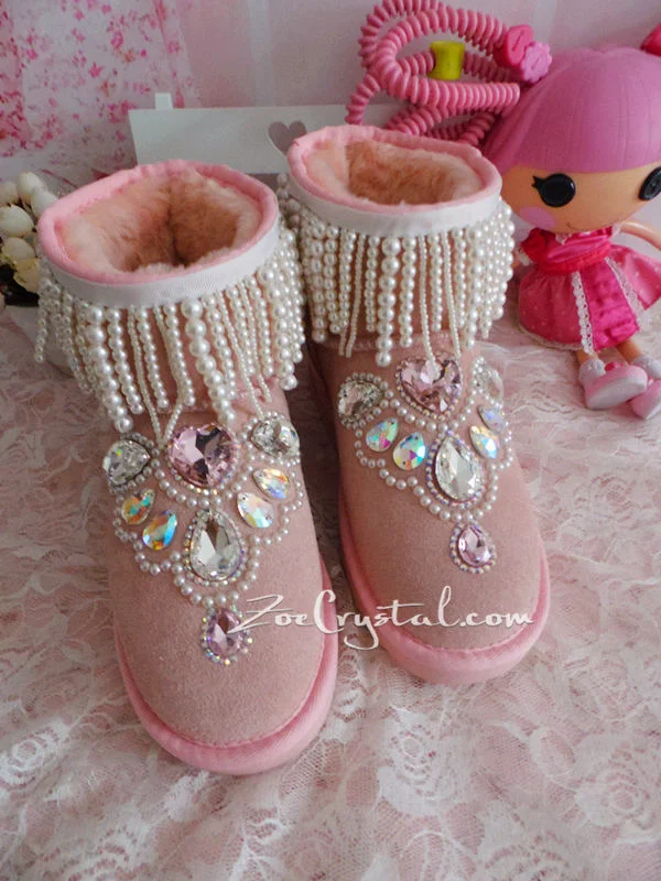 PROMOTION WINTER Pink Sheepskin Fleech/Wool Boots with shinning and Princess CRYSTALS Pearls