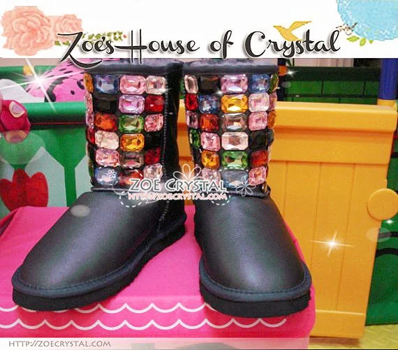 PROMOTION: WINTER Bling and Sparkly Black SheepSkin Wool Boots embroided with Colorful Czech / Swarovski Rhinestones