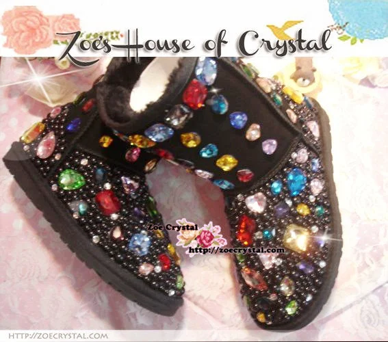 PROMOTION: WINTER Bling and Sparkly Black SheepSkin Wool Boots w Black Pearls embroided with Colorful Czech / Swarovski Rhinestones