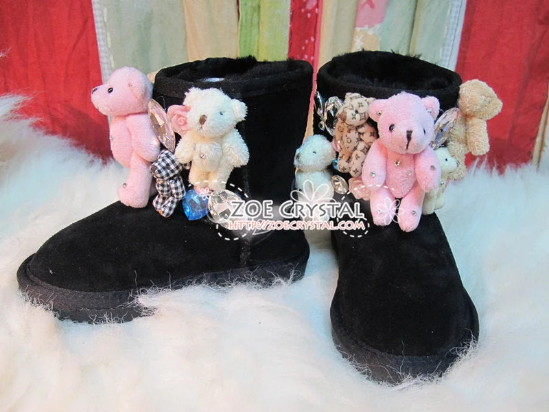 PROMOTION WINTER Bling and Sparkly Black SheepSkin Wool BOOTS w Cute Bear Bear and Big Stones