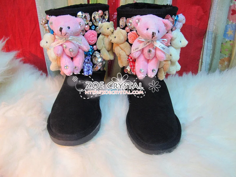 PROMOTION WINTER Bling and Sparkly Black SheepSkin Wool BOOTS w Cute Bear Bear and Big Stones