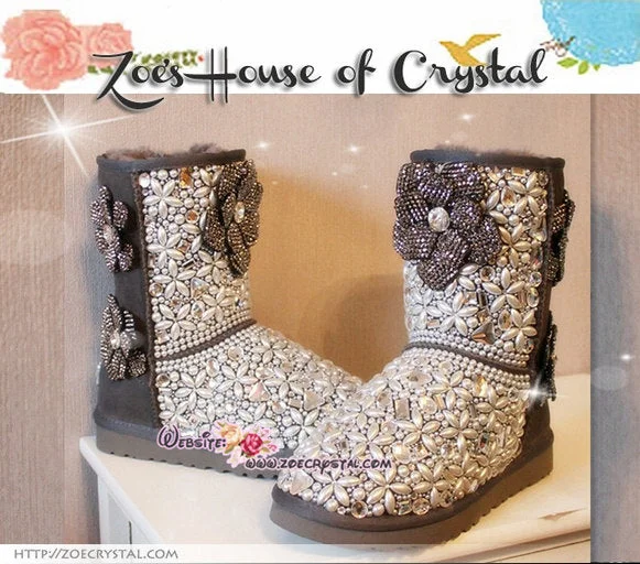 PROMOTION: WINTER Bling and Sparkly Grey SheepSkin Wool Boots w  white Bean Pearls and Crystals