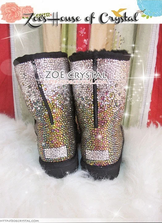 PROMOTION WINTER Bling and Sparkly Strass SheepSkin Wool BOOTS w shinning Czech or Swarovski Rainbow crystal