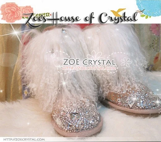 PROMOTION: WINTER Bling and Sparkly White Curly Fur SheepSkin Wool Boots w Crystals and Big STONES