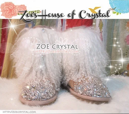 PROMOTION: WINTER Bling and Sparkly White Curly Fur SheepSkin Wool Boots w Crystals and Big STONES