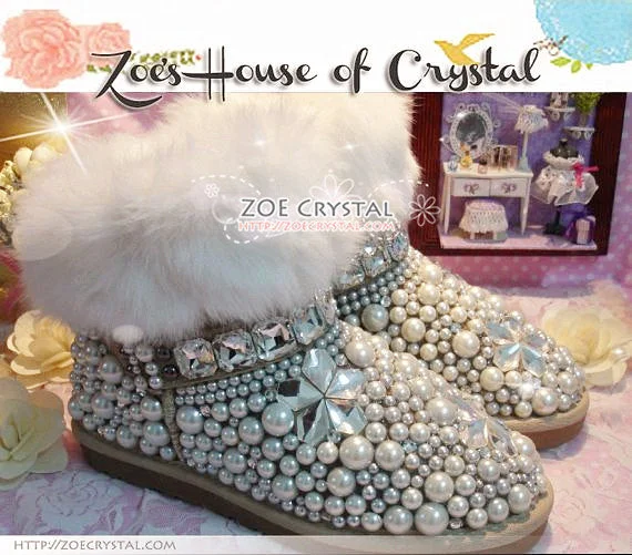 PROMOTION WINTER Bling and Sparkly White Rabbit Fur SheepSkin Winter BOOTS w shinning Czech or Swarovski Crystals and Pearls