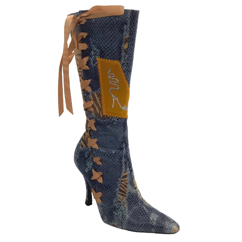 Rene Caovilla Vintage Blue / Tan Embellished Snakeskin Leather Boots