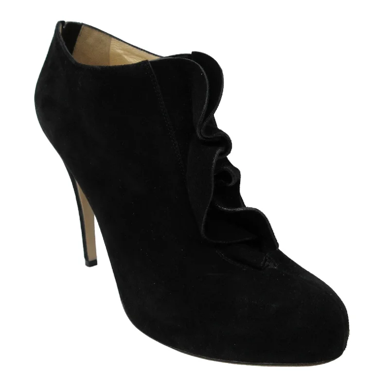 Valentino Black Ruffled High Heeled Suede Ankle Booties