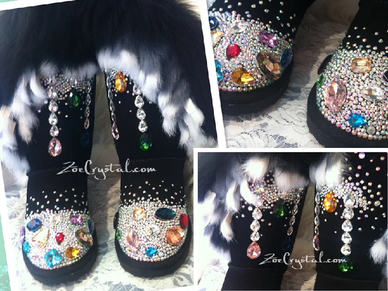 WINTER Black Fur Bling and Sparkly SheepSkin Wool BOOTS w shinning Czech or Swarovski crystal in LOLITA Style