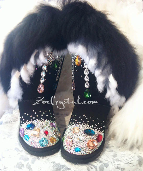 WINTER Black Fur Bling and Sparkly SheepSkin Wool BOOTS w shinning Czech or Swarovski crystal in LOLITA Style