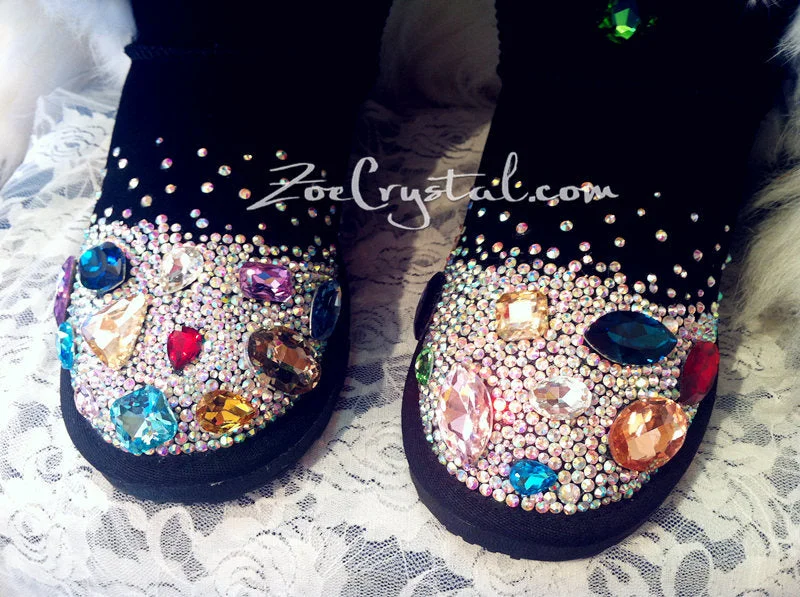 WINTER Black Fur Bling and Sparkly SheepSkin Wool BOOTS w shinning Czech or Swarovski crystal in LOLITA Style