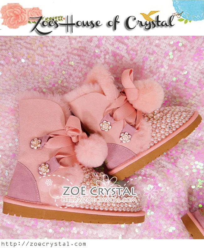 Winter Sales-  Bling and Sparkly Fur Balls Pink Winter Wool BOOTS with Creamy white Pearls in Elegant Style-