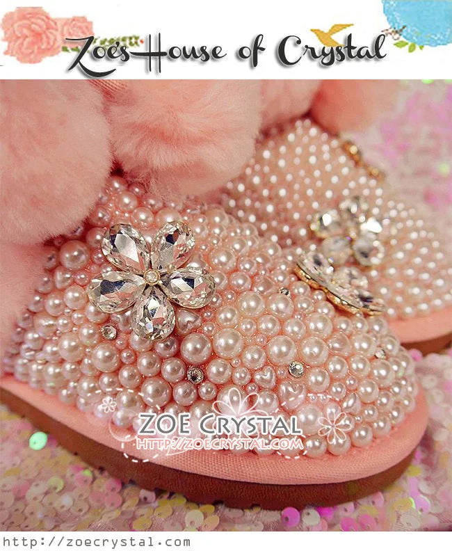 Winter Sales-  Bling and Sparkly Fur Balls Pink Winter Wool BOOTS with Creamy white Pearls in Elegant Style-