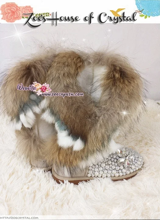 WINTER Tan Color  Fur Wool Boots w shinning CRYSTALS and PEARLS