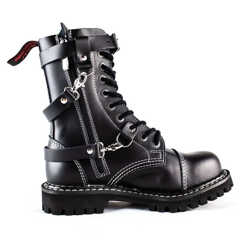 Angry Itch 10 Hole Black Leather Combat Boots 3 Strap Zip Army Ranger Steel Toe