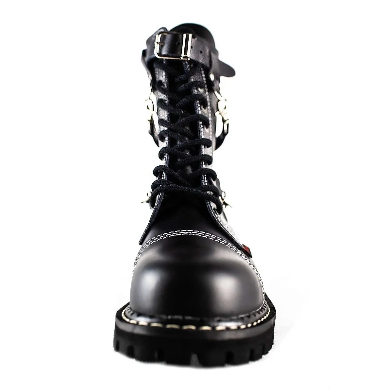 Angry Itch 10 Hole Black Leather Combat Boots 3 Strap Zip Army Ranger Steel Toe