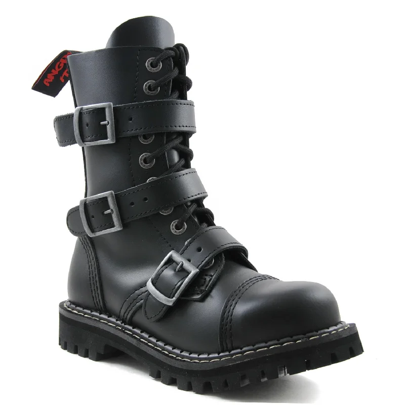 Angry Itch 3 Buckle 10 Hole Boots with Steel Toe Cap Black Leather