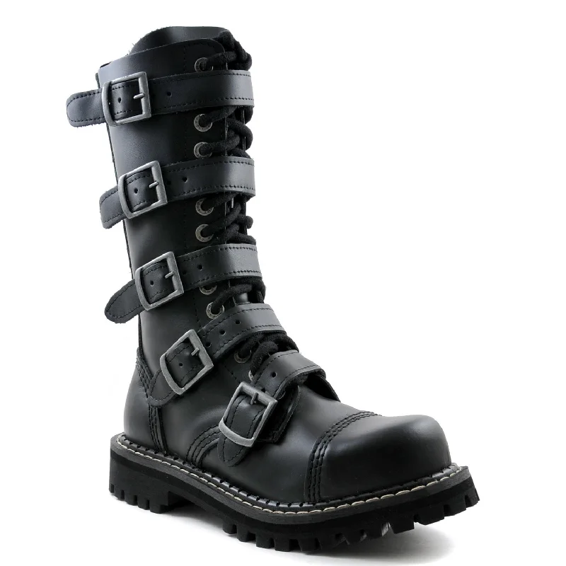 Angry Itch 5 Buckle 14 Hole Combat Ranger Boots with Steel Toe Cap Black Leather