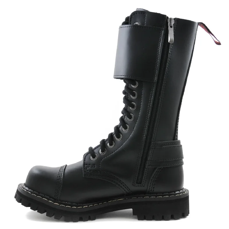 Angry Itch Twin Buckle 14 Hole Combat Ranger Boots with Steel Toe Cap Black Leather