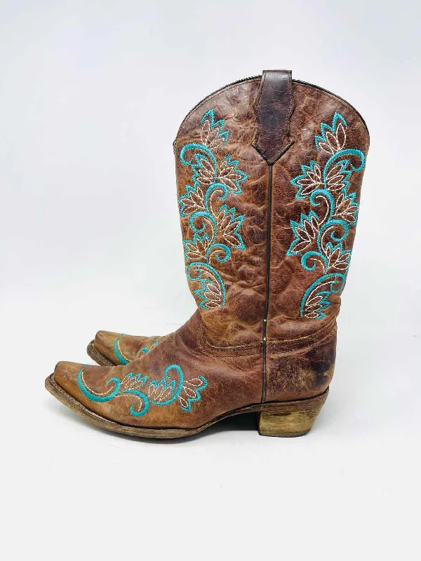 Corral Size 6 Brown/Turquoise Embroidered Leather Shoes Boots