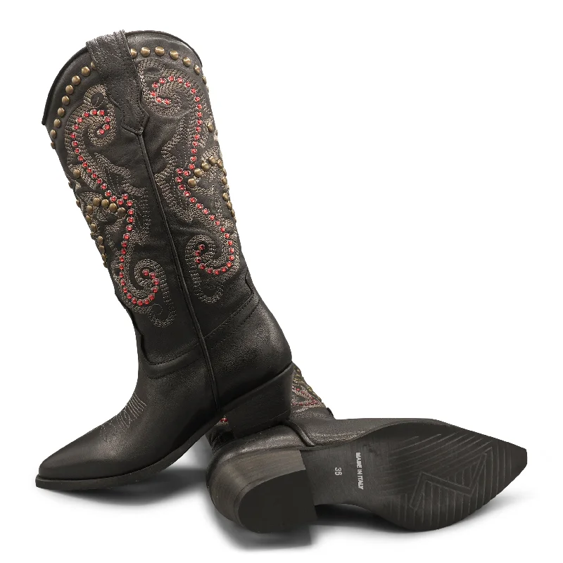 Fleur04 - Black/Red Embellished Cowboy