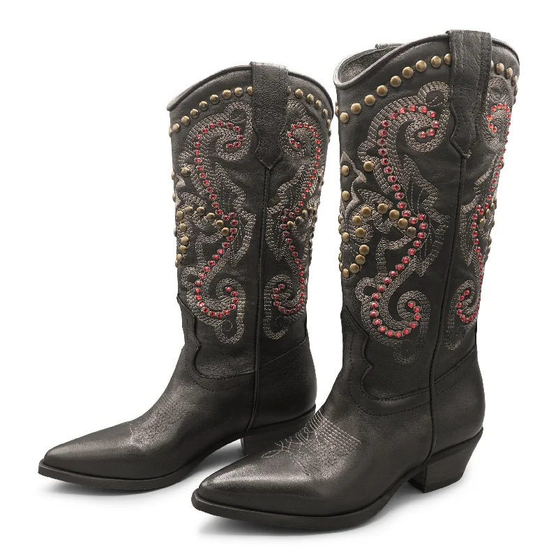 Fleur04 - Black/Red Embellished Cowboy