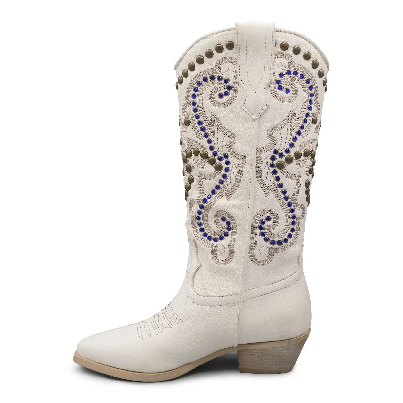 Fleur04 - White/Blue Embellished Cowboy