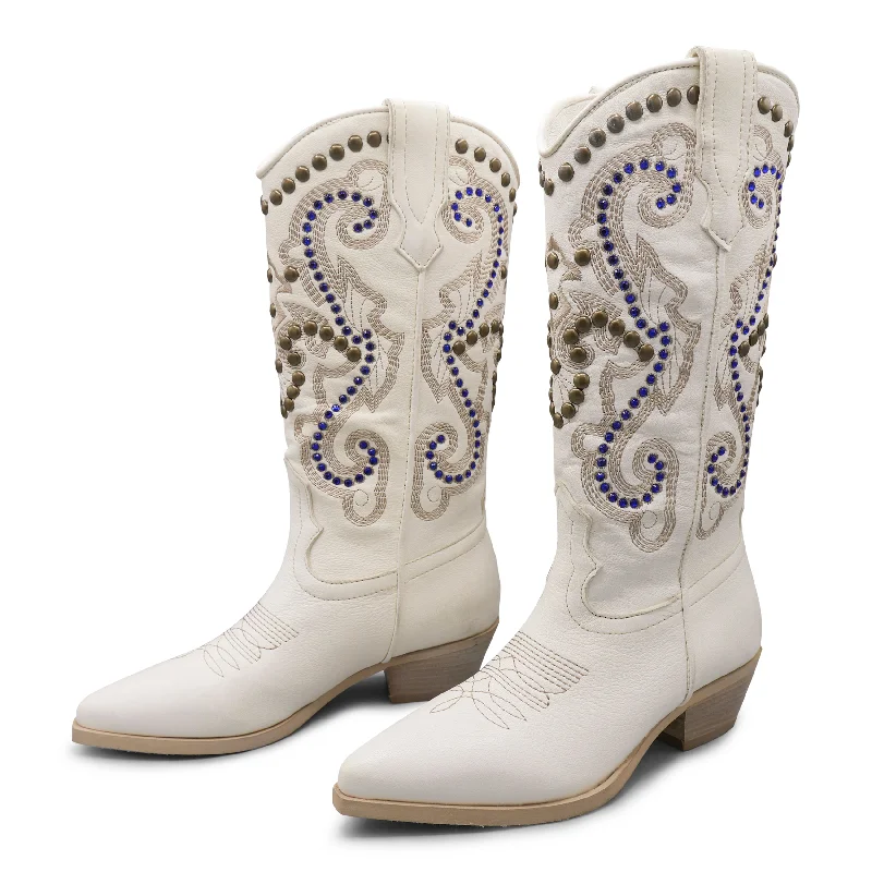 Fleur04 - White/Blue Embellished Cowboy