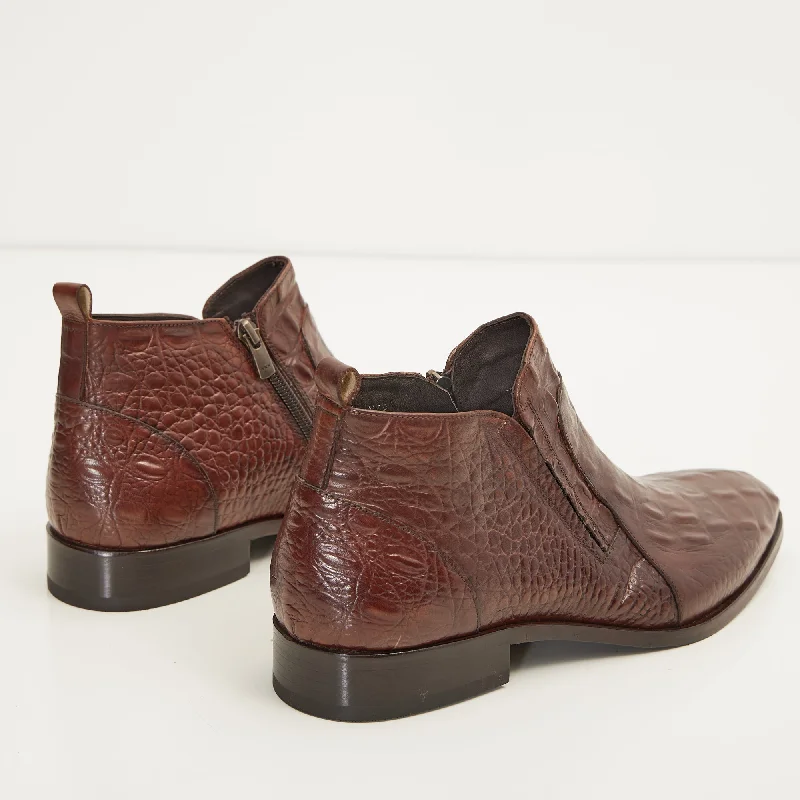 Alligator Embossed Leather Demi Boots -  Brown