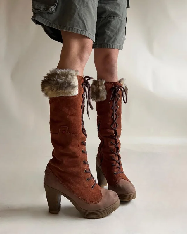 fur suede round toe lace up boots