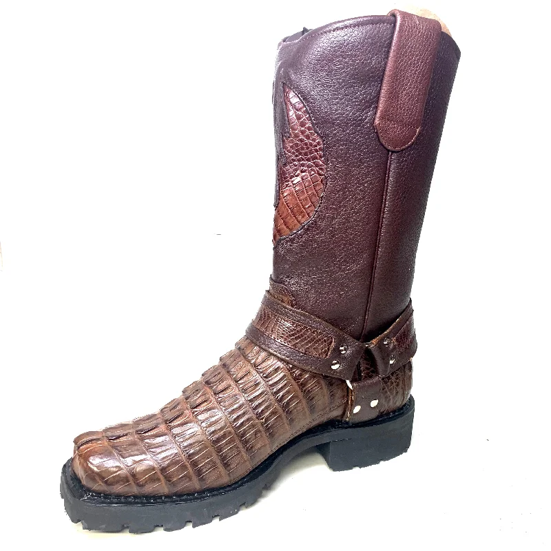 Los Altos Brown Harness Crocodile Biker Boots