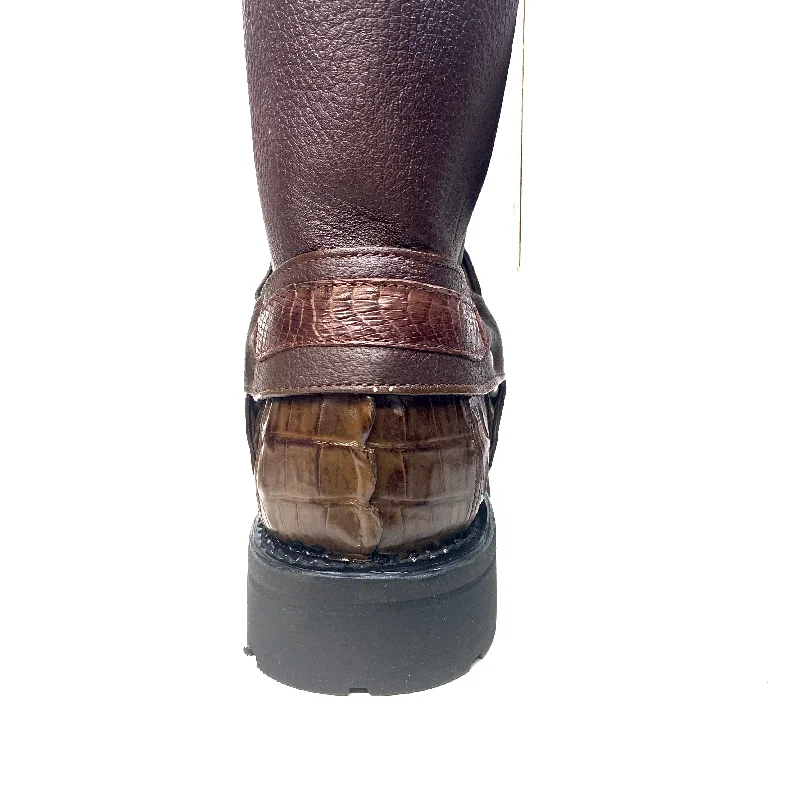 Los Altos Brown Harness Crocodile Biker Boots