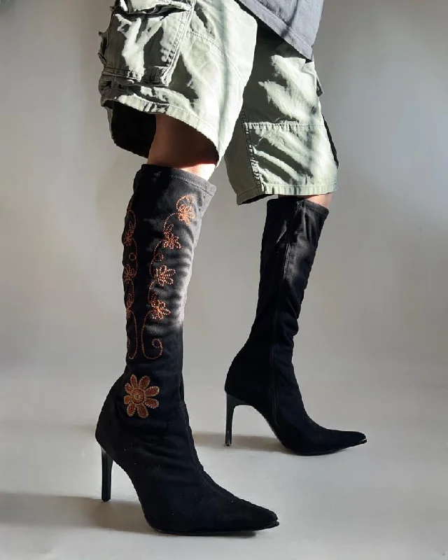 Suede knee high pointed flower embroidered boots