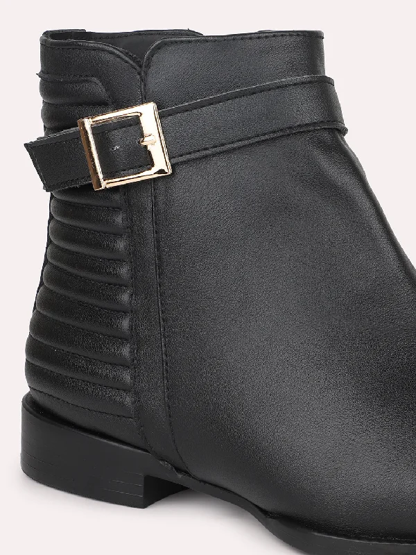 Women Black Mid-Top Regular Boots With Buckle Detail