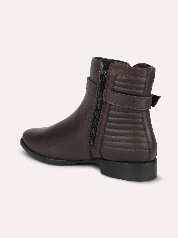 Women Brown Mid-Top Regular Boots With Buckle Detail