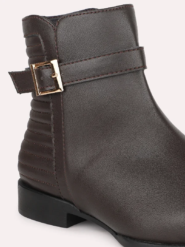 Women Brown Mid-Top Regular Boots With Buckle Detail