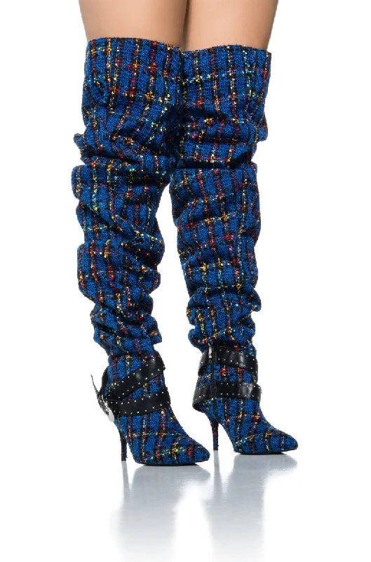 AZALEA WANG TAJA PLAID THIGH HIGH BOOT WITH BUCKLE DETAIL IN BLUE